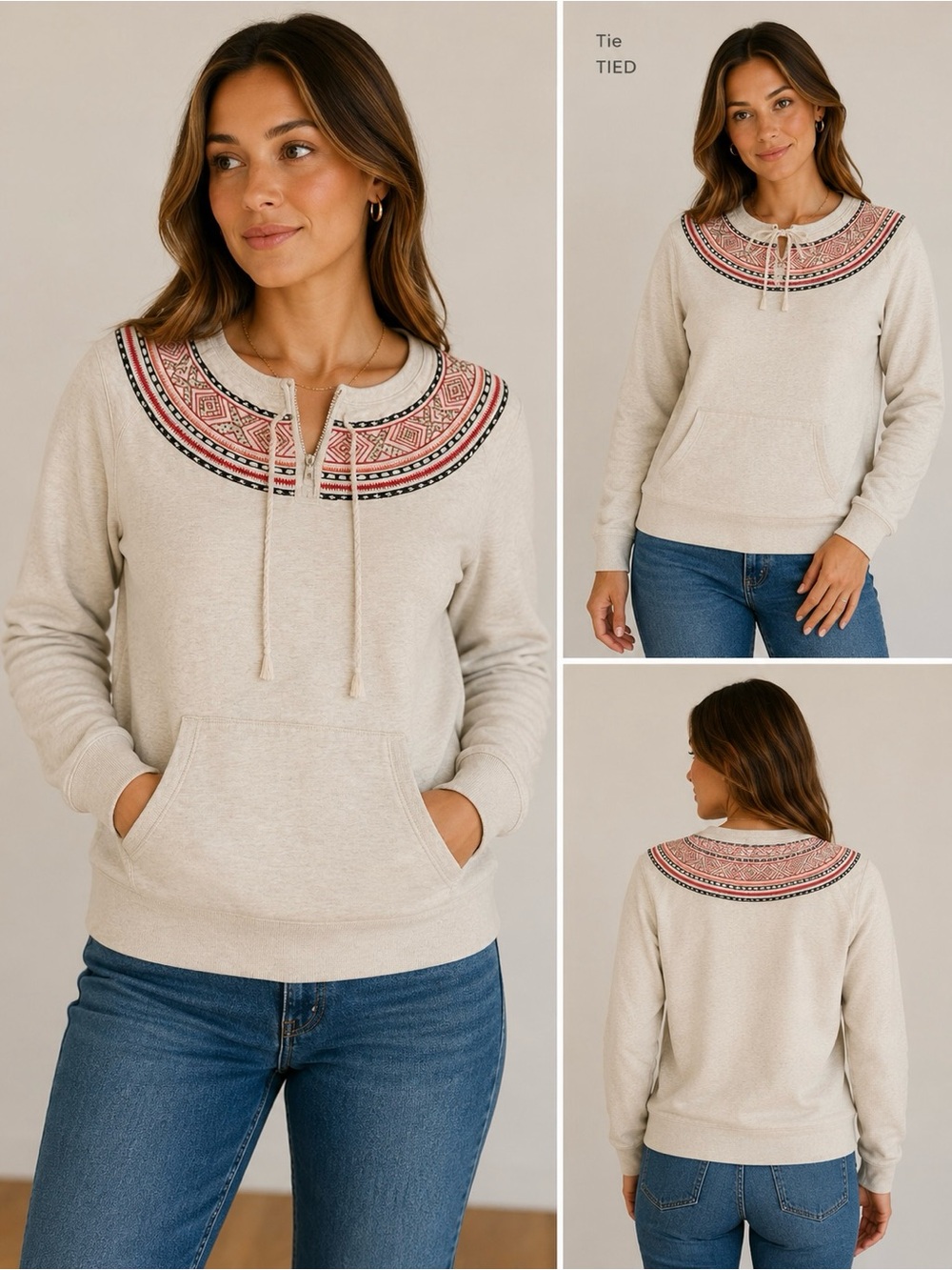 Lucky Brand Cream Sweatshirt Boho Southwest Tribal Aztec Folk Art Inspired Yoke - Picture 9 of 12